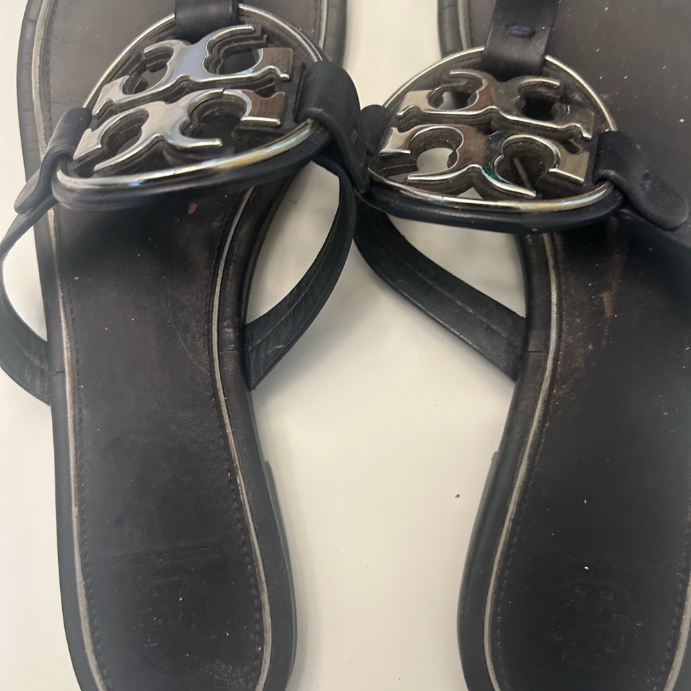 Tory Burch Black Slide Sandals with Metallic Detail